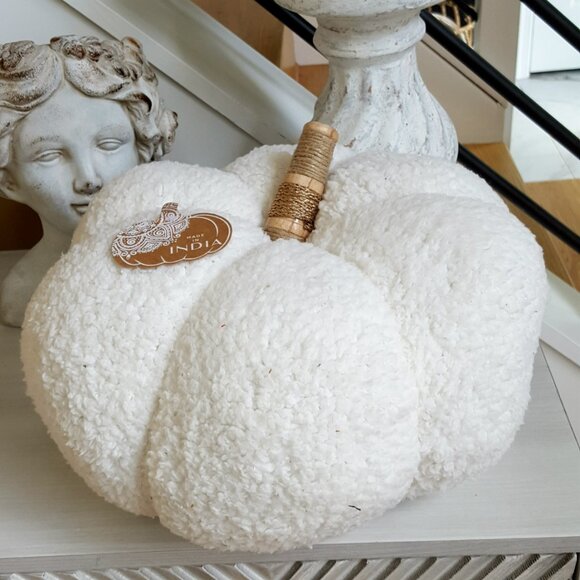 NEW! BOHO Large PLUMP SHERPA & WOOD PUMPKIN PILLOW - Picture 4 of 5